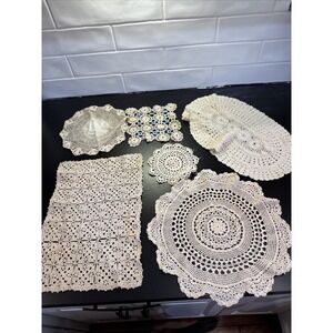 Vintage Lot of 6 Crocheted Doilies  - handmade Beige Estate Find